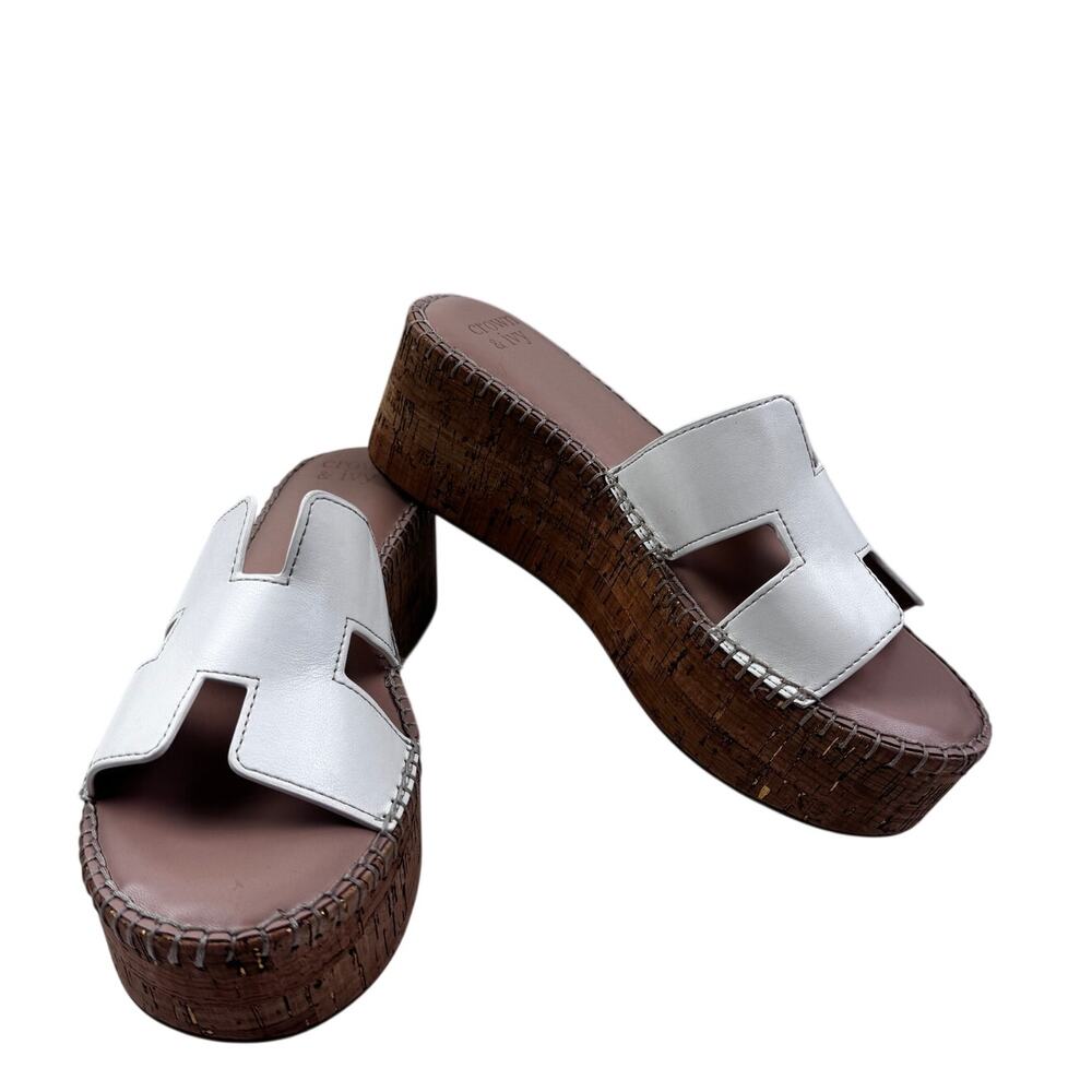 Crown & Ivy White Faux Leather H Band Cork Platform Sandals Women's Size 8.5